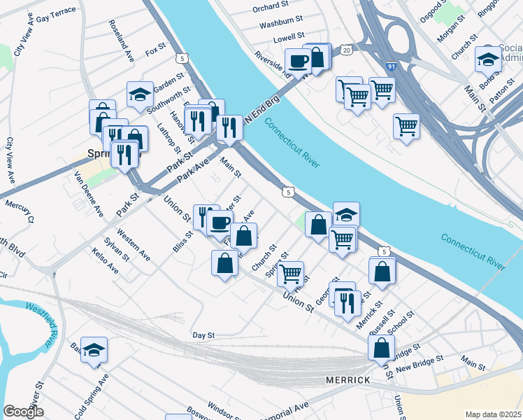 map of restaurants, bars, coffee shops, grocery stores, and more near 23 Irving Street in West Springfield