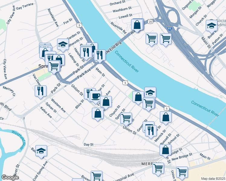 map of restaurants, bars, coffee shops, grocery stores, and more near 23 Irving Street in West Springfield