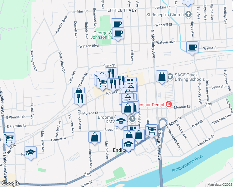 map of restaurants, bars, coffee shops, grocery stores, and more near 12 Madison Avenue in Endicott