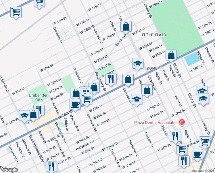 map of restaurants, bars, coffee shops, grocery stores, and more near in Erie