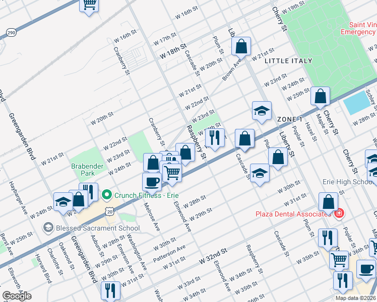 map of restaurants, bars, coffee shops, grocery stores, and more near 1137 West 25th Street in Erie