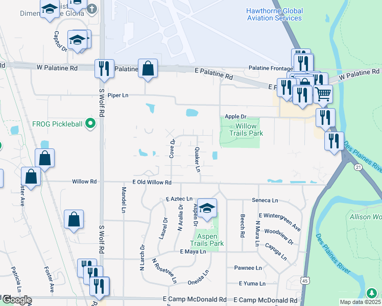 map of restaurants, bars, coffee shops, grocery stores, and more near 1512 Quaker Lane in Prospect Heights