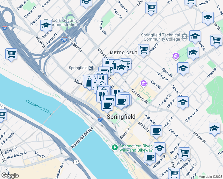 map of restaurants, bars, coffee shops, grocery stores, and more near 313 Bridge Street in Springfield