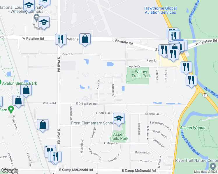 map of restaurants, bars, coffee shops, grocery stores, and more near 1512 Quaker Lane in Prospect Heights