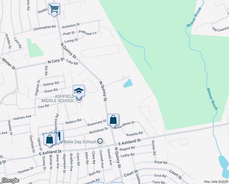 map of restaurants, bars, coffee shops, grocery stores, and more near 259 North Quincy Street in Brockton