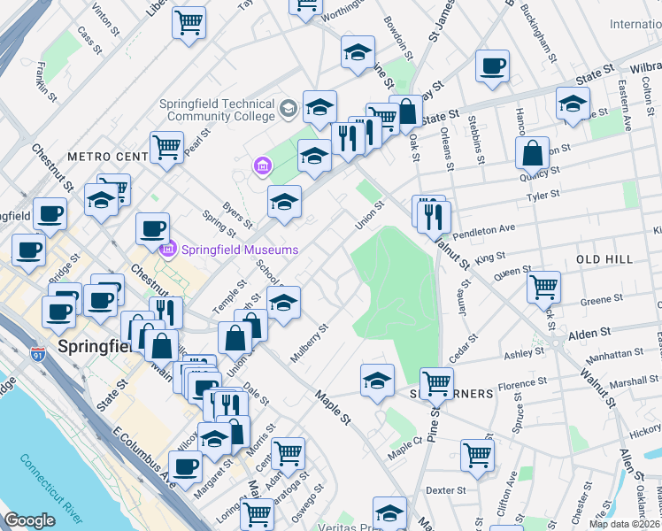 map of restaurants, bars, coffee shops, grocery stores, and more near in Springfield