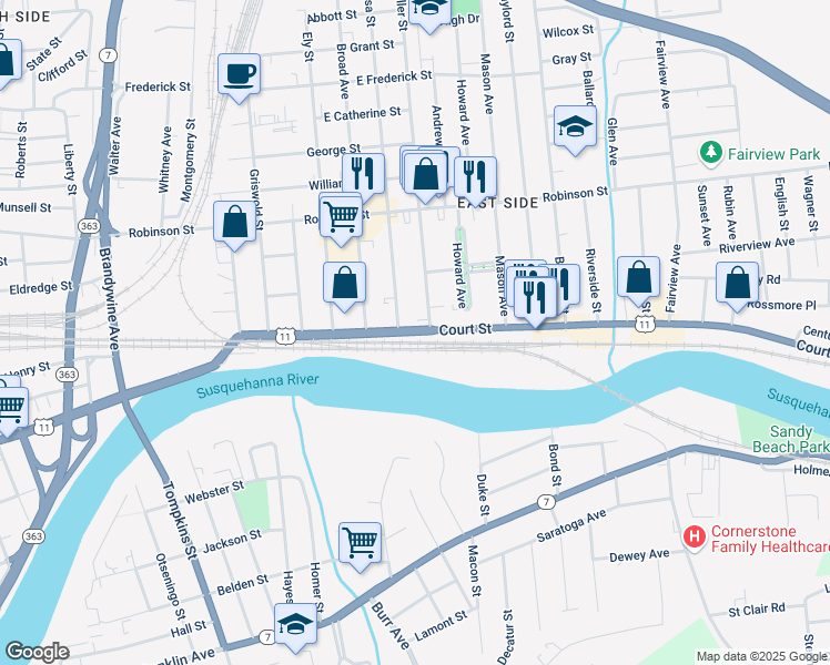 map of restaurants, bars, coffee shops, grocery stores, and more near Court Street in Binghamton