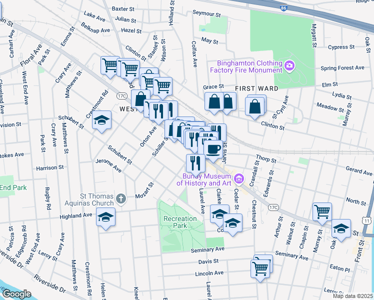 map of restaurants, bars, coffee shops, grocery stores, and more near 143 1/2 Beethoven Street in Binghamton