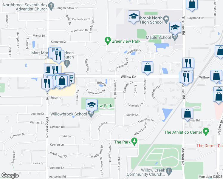 map of restaurants, bars, coffee shops, grocery stores, and more near 2420 Cobblewood Drive in Northbrook
