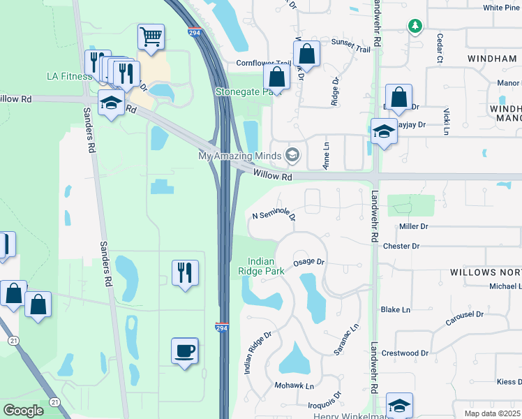 map of restaurants, bars, coffee shops, grocery stores, and more near 4511 North Seminole Drive in Glenview