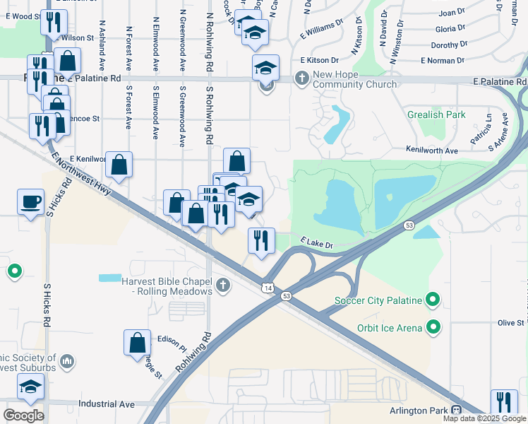map of restaurants, bars, coffee shops, grocery stores, and more near 360 South Creekside Drive in Palatine