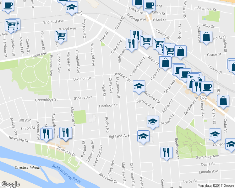 map of restaurants, bars, coffee shops, grocery stores, and more near 135 Matthews Street in Binghamton