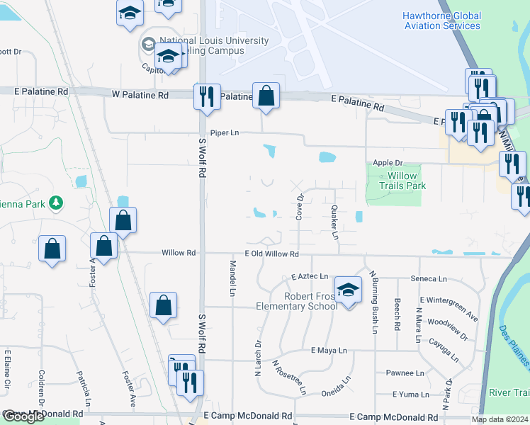 map of restaurants, bars, coffee shops, grocery stores, and more near 16 Seminole Ln in Prospect Heights