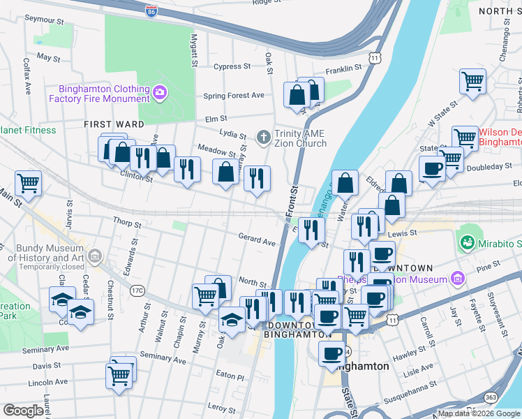 map of restaurants, bars, coffee shops, grocery stores, and more near 179 Oak Street in Binghamton