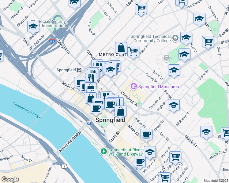 map of restaurants, bars, coffee shops, grocery stores, and more near 70 Harrison Avenue in Springfield