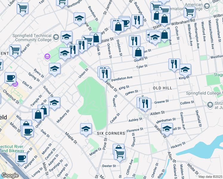 map of restaurants, bars, coffee shops, grocery stores, and more near 25 Pendleton Avenue in Springfield