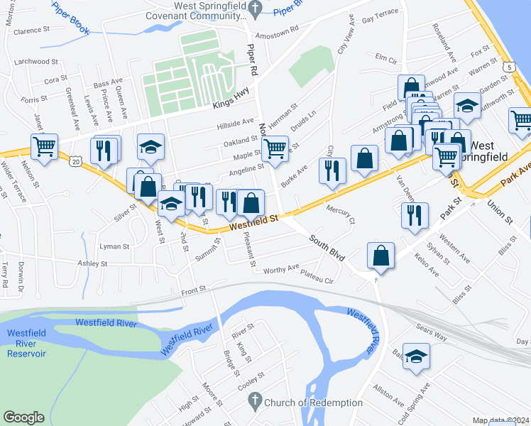map of restaurants, bars, coffee shops, grocery stores, and more near 596 Westfield Street in West Springfield