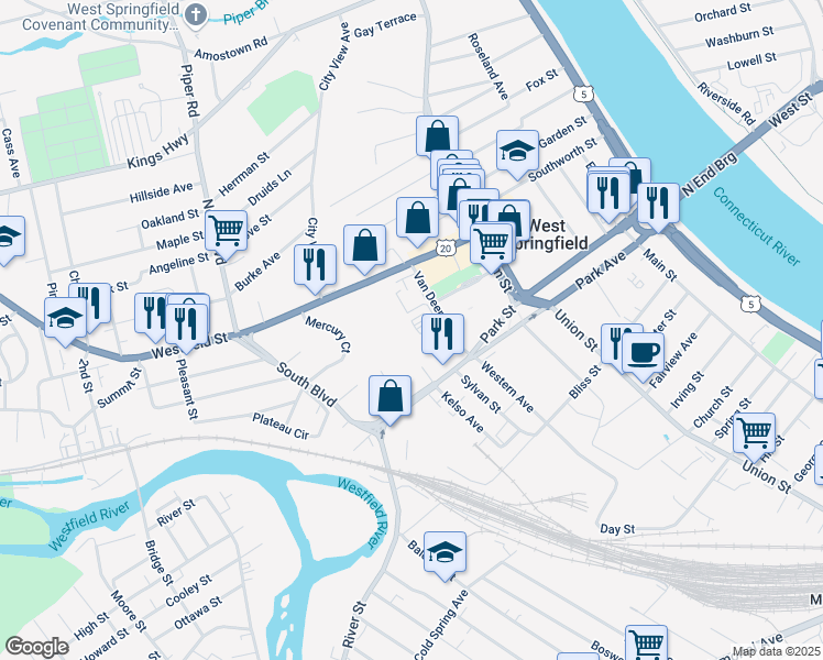 map of restaurants, bars, coffee shops, grocery stores, and more near 61 Van Deene Avenue in West Springfield