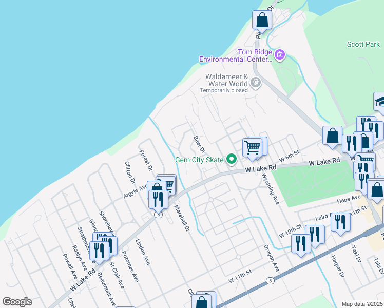 map of restaurants, bars, coffee shops, grocery stores, and more near 360 Fieldstone Way in Erie