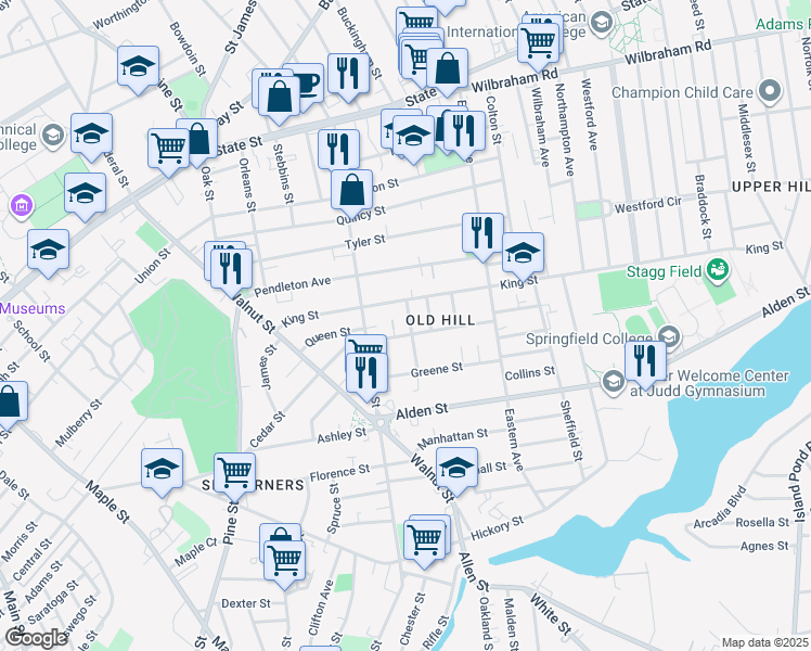 map of restaurants, bars, coffee shops, grocery stores, and more near 24 Nelson Avenue in Springfield