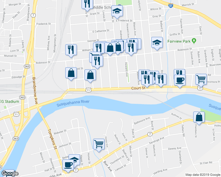 map of restaurants, bars, coffee shops, grocery stores, and more near New York State Bicycle Route 11 in Binghamton