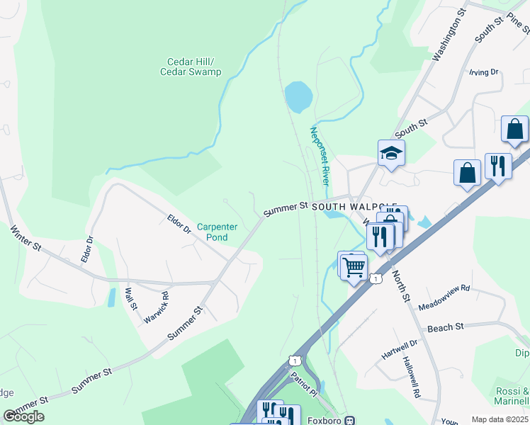 map of restaurants, bars, coffee shops, grocery stores, and more near 81 Summer Street in Walpole