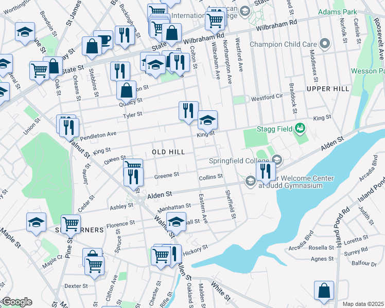 map of restaurants, bars, coffee shops, grocery stores, and more near 235 Eastern Avenue in Springfield