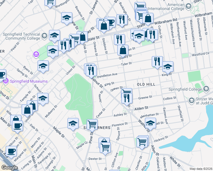map of restaurants, bars, coffee shops, grocery stores, and more near 25 Pendleton Avenue in Springfield