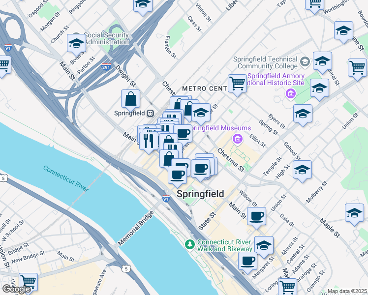 map of restaurants, bars, coffee shops, grocery stores, and more near 295 Worthington Street in Springfield