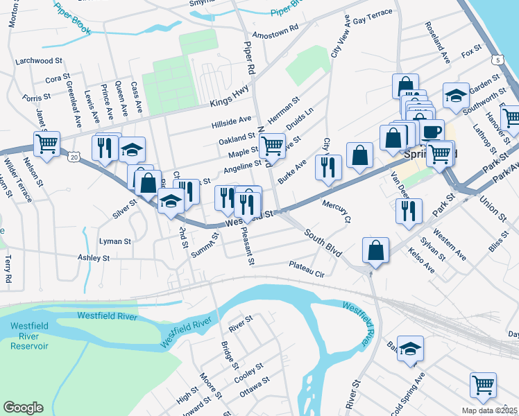 map of restaurants, bars, coffee shops, grocery stores, and more near 31 Boulevard Place in West Springfield