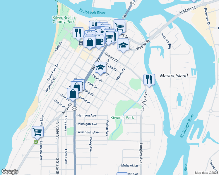 map of restaurants, bars, coffee shops, grocery stores, and more near 623 Church Street in St. Joseph