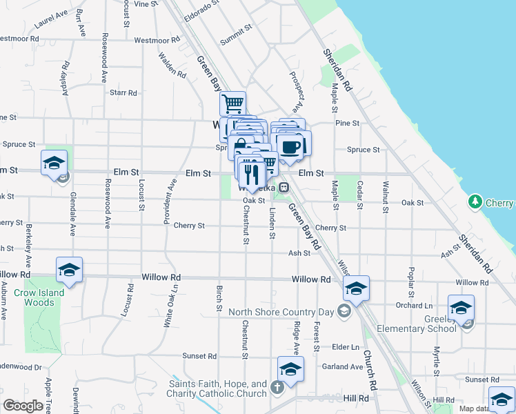 map of restaurants, bars, coffee shops, grocery stores, and more near 505 Chestnut Street in Winnetka