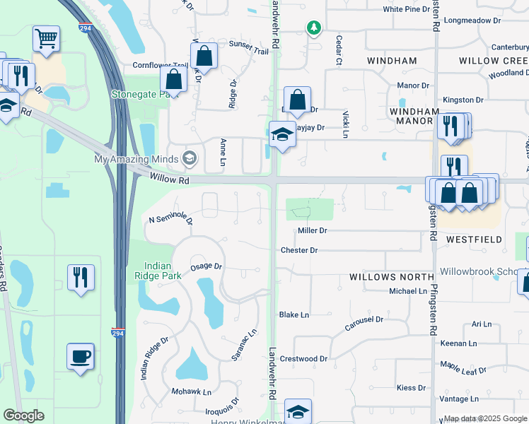 map of restaurants, bars, coffee shops, grocery stores, and more near 2809 Meadowview Court in Glenview