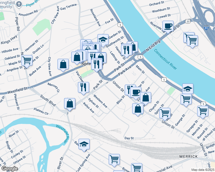 map of restaurants, bars, coffee shops, grocery stores, and more near Elm St in West Springfield