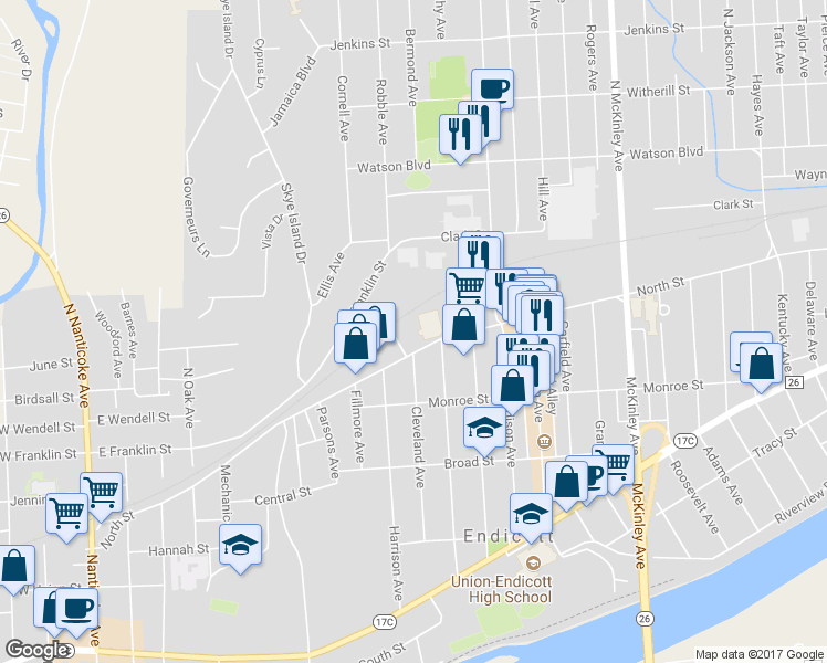 map of restaurants, bars, coffee shops, grocery stores, and more near 903 North Street in Endicott