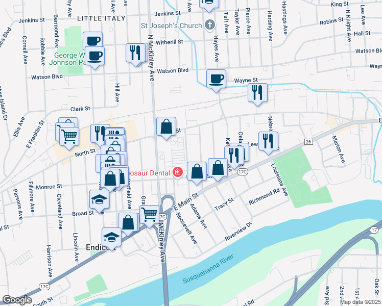map of restaurants, bars, coffee shops, grocery stores, and more near 2-22 Adams Avenue in Endicott