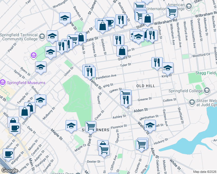map of restaurants, bars, coffee shops, grocery stores, and more near 46-48 King Street in Springfield