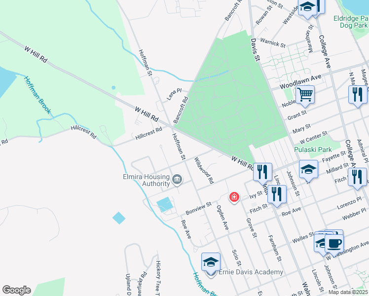 map of restaurants, bars, coffee shops, grocery stores, and more near 79 W Hill St in Elmira