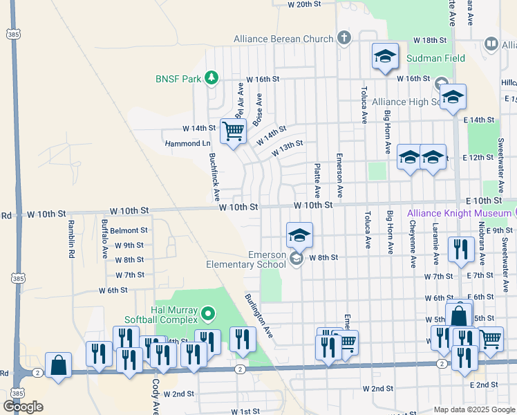 map of restaurants, bars, coffee shops, grocery stores, and more near 1015 West 10th Street in Alliance