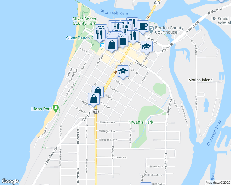 map of restaurants, bars, coffee shops, grocery stores, and more near 803 Court Street in St. Joseph