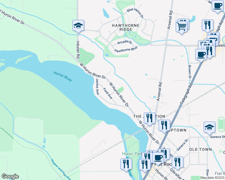 map of restaurants, bars, coffee shops, grocery stores, and more near 27015 West Huron River Drive in Flat Rock