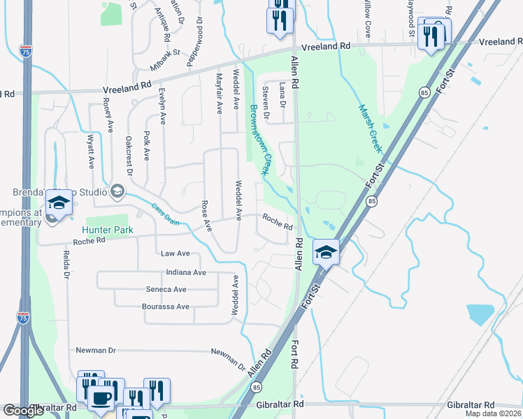 map of restaurants, bars, coffee shops, grocery stores, and more near 27810 White Oak Drive in Brownstown Charter Township