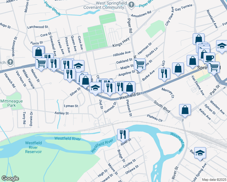 map of restaurants, bars, coffee shops, grocery stores, and more near 103 West Calvin Street in West Springfield