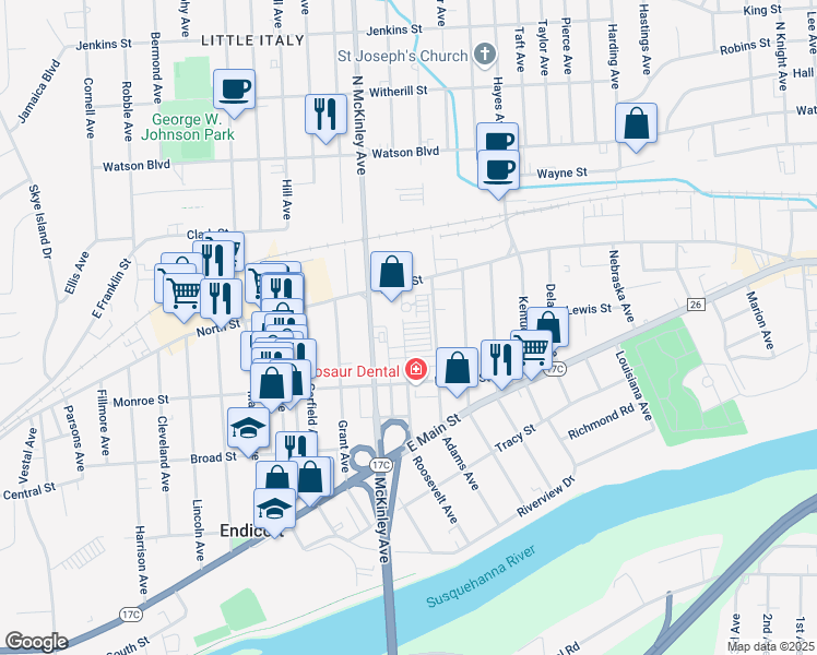 map of restaurants, bars, coffee shops, grocery stores, and more near 22 Adams Avenue in Endicott