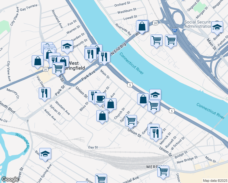 map of restaurants, bars, coffee shops, grocery stores, and more near 22 Fairview Avenue in West Springfield