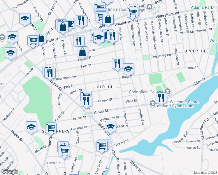 map of restaurants, bars, coffee shops, grocery stores, and more near 201 King Street in Springfield