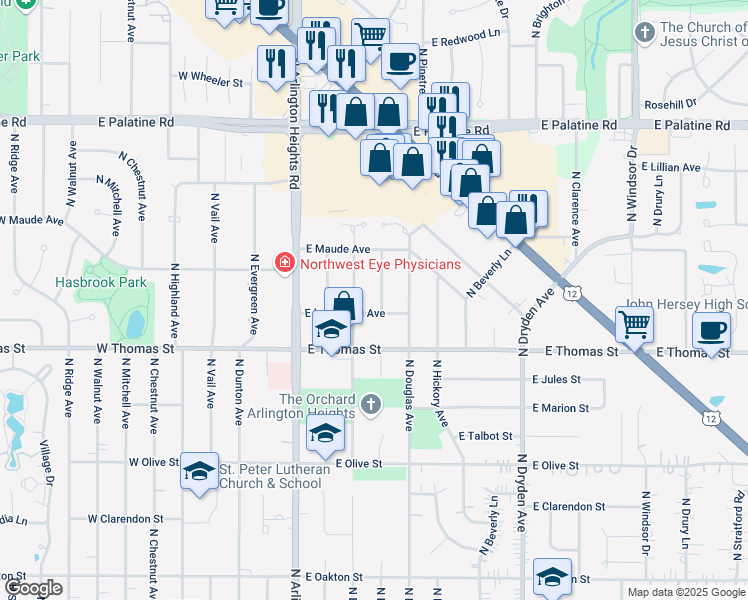 map of restaurants, bars, coffee shops, grocery stores, and more near 1535 North Haddow Avenue in Arlington Heights