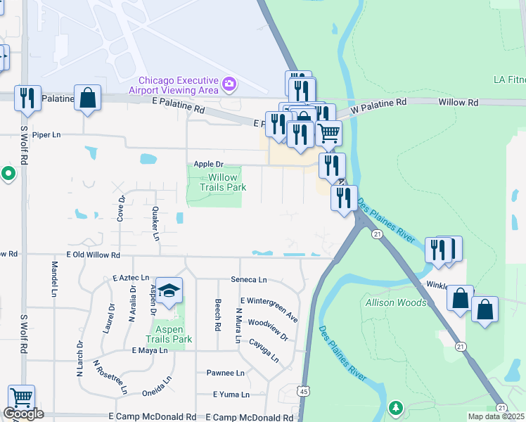 map of restaurants, bars, coffee shops, grocery stores, and more near 870 East Old Willow Road in Prospect Heights