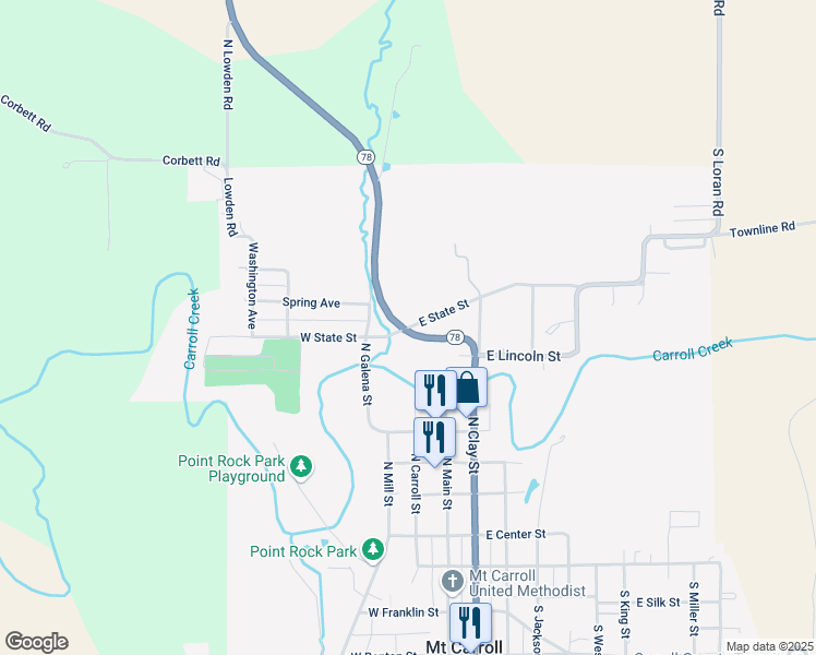 map of restaurants, bars, coffee shops, grocery stores, and more near 102 East State Street in Mount Carroll