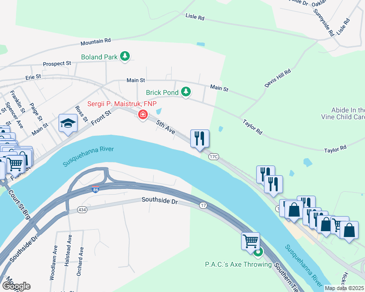 map of restaurants, bars, coffee shops, grocery stores, and more near 560 5th Avenue in Owego